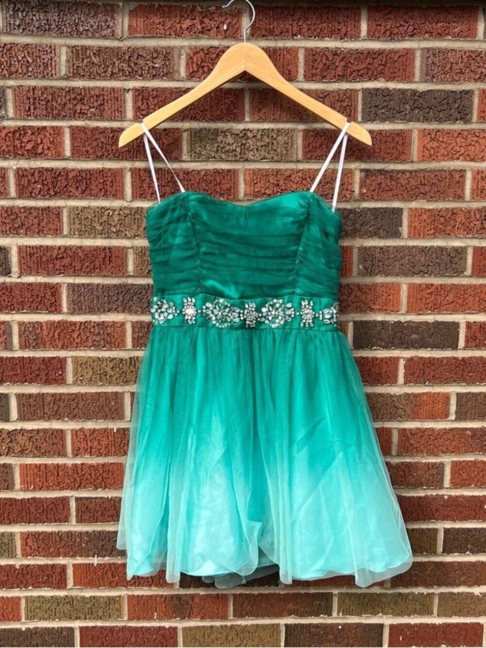 B. Darlin Dark Green and Light Green Ombré Tulle Rhinestone Sweetheart Dress